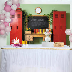 Lofaris Vintage Classroom Photography Backdrop with Red Lockers and Blackboard, School Theme Photo Background for Back to School Pictures