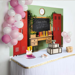Lofaris Vintage Classroom Photography Backdrop with Red Lockers and Blackboard, School Theme Photo Background for Back to School Pictures