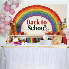 Lofaris Colorful Rainbow Back to School Backdrop with Apples and Pencils, Vibrant Classroom Background for Student Photoshoot and Party Decor