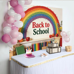 Lofaris Colorful Rainbow Back to School Backdrop with Apples and Pencils, Vibrant Classroom Background for Student Photoshoot and Party Decor