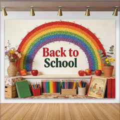 Lofaris Colorful Rainbow Back to School Backdrop with Apples and Pencils, Vibrant Classroom Background for Student Photoshoot and Party Decor
