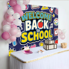 Lofaris Colorful Welcome Back to School Backdrop with Cartoon Supplies, Vibrant Classroom Photo Background for First Day of School Party