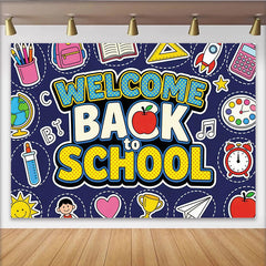 Lofaris Colorful Welcome Back to School Backdrop with Cartoon Supplies, Vibrant Classroom Photo Background for First Day of School Party