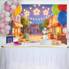 Lofaris Colorful Cartoon Alphabet Birthday Backdrop with Balloons and Stars, Playful Street Scene Photography Background for Kids Party