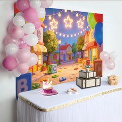 Lofaris Colorful Cartoon Alphabet Birthday Backdrop with Balloons and Stars, Playful Street Scene Photography Background for Kids Party