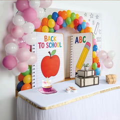 Lofaris Back to School Photography Backdrop with Apple and Pencil, Colorful ABC Notebook Photo Booth Prop for Classroom Decor