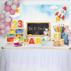 Lofaris Colorful ABC 123 Educational Photography Backdrop with Rocket and Blackboard, Vibrant Classroom Learning Background for Kids Photoshoot