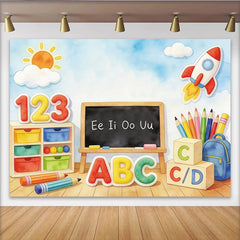 Lofaris Colorful ABC 123 Educational Photography Backdrop with Rocket and Blackboard, Vibrant Classroom Learning Background for Kids Photoshoot