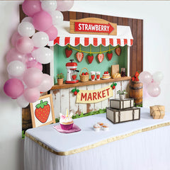 Lofaris Cute Strawberry Market Photography Backdrop with Wooden Stall and Fresh Fruit, Rustic Farm Stand Background for Kids Photoshoot