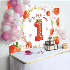 Lofaris Cute Strawberry 1st Birthday Backdrop with Daisies and Hearts, Sweet Photo Background for Baby Girl Party Decoration
