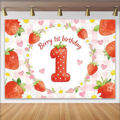 Lofaris Cute Strawberry 1st Birthday Backdrop with Daisies and Hearts, Sweet Photo Background for Baby Girl Party Decoration