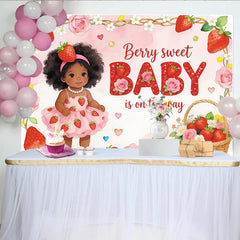 Lofaris Pink Strawberry Baby Shower Backdrop for Girl, Cute Cartoon Baby and Roses Theme Background for Party Decor.