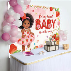 Lofaris Pink Strawberry Baby Shower Backdrop for Girl, Cute Cartoon Baby and Roses Theme Background for Party Decor.