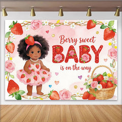 Lofaris Pink Strawberry Baby Shower Backdrop for Girl, Cute Cartoon Baby and Roses Theme Background for Party Decor.