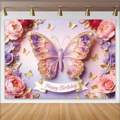 Lofaris Elegant Pink Purple Butterfly Floral Happy Birthday Backdrop, Sparkling Pearl Design Party Background for Girls Photoshoot