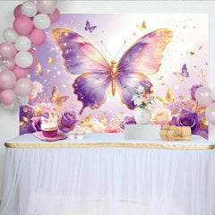 Lofaris Sparkling Purple and Pink Butterfly Floral Photography Backdrop with Golden Glitter, Dreamy Rose Background for Studio Photoshoot
