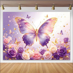 Lofaris Sparkling Purple and Pink Butterfly Floral Photography Backdrop with Golden Glitter, Dreamy Rose Background for Studio Photoshoot