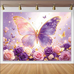 Lofaris Elegant Glitter Pink Purple Butterfly Floral Photography Backdrop, Dreamy Rose Flower Background for Girls Birthday Party Decor
