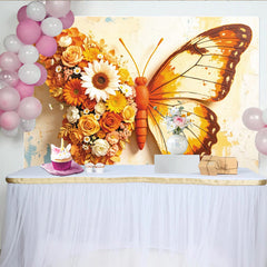 Lofaris Floral Butterfly Photography Backdrop with Orange and Yellow Flowers, Artistic Textured Wall Background for Studio Photoshoot
