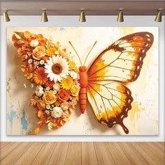 Lofaris Floral Butterfly Photography Backdrop with Orange and Yellow Flowers, Artistic Textured Wall Background for Studio Photoshoot