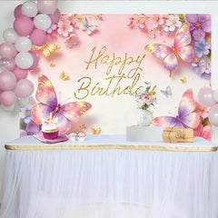 Lofaris Pink Purple Butterfly Floral Happy Birthday Backdrop with Glitter, Elegant Party Background for Girls Photoshoots and Decor