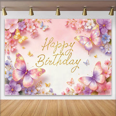 Lofaris Pink Purple Butterfly Floral Happy Birthday Backdrop with Glitter, Elegant Party Background for Girls Photoshoots and Decor