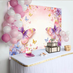 Lofaris Dreamy Pink Purple Butterfly Floral Photography Backdrop with Gold Glitter, Watercolor Flower Background for Studio Photoshoot