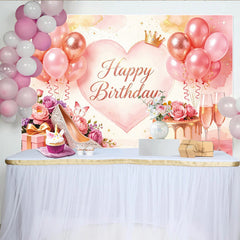Lofaris Pink Rose Gold Birthday Backdrop with Balloons, Cake and Crown, Elegant Party Decor for Women and Girls Photoshoot