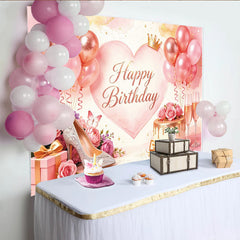 Lofaris Pink Rose Gold Birthday Backdrop with Balloons, Cake and Crown, Elegant Party Decor for Women and Girls Photoshoot