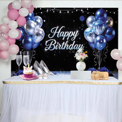 Lofaris Elegant Blue Silver Glitter Birthday Backdrop with Balloons, Sparkling Party Background for Women's Celebration Photoshoot