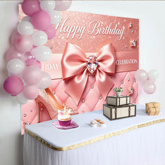 Lofaris Pink Glitter Birthday Backdrop with Elegant Bow and Diamond, Luxurious Quilted Background for Women's Celebration Party Photography