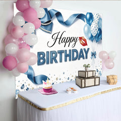 Lofaris Blue Ribbon Birthday Backdrop with Pearls, Balloons and Sparkling Gems, Elegant Party Background for Photoshoot and Celebration