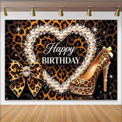 Lofaris Leopard Print Happy Birthday Backdrop with Pearls, Diamonds, and High Heel Shoe, Glamorous Party Background for Women