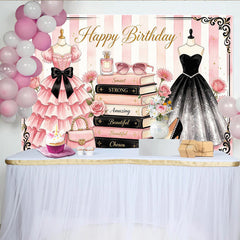 Lofaris Chic Pink and Black Fashion Birthday Backdrop, Elegant Dresses and Books Photo Background for Party Decor