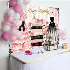 Lofaris Chic Pink and Black Fashion Birthday Backdrop, Elegant Dresses and Books Photo Background for Party Decor