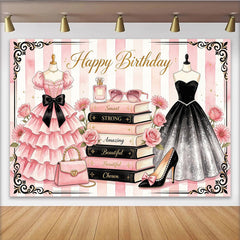 Lofaris Chic Pink and Black Fashion Birthday Backdrop, Elegant Dresses and Books Photo Background for Party Decor
