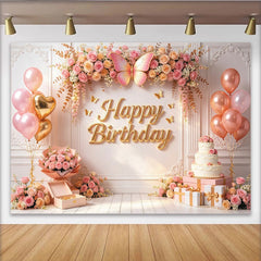 Lofaris Pink Gold Floral Butterfly Birthday Backdrop with Balloons and Cake, Elegant Party Background for Girls Women Photoshoot