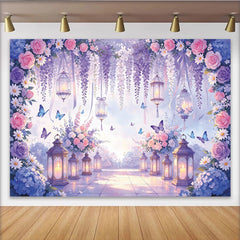 Lofaris Pink Purple Floral Photography Backdrop with Wisteria and Lanterns, Dreamy Elegant Background for Wedding Photoshoot
