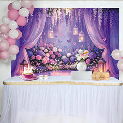 Lofaris Enchanted Purple Floral Garden Photography Backdrop with Wisteria, Butterflies and Sheer Curtains, Romantic Party Decor for Photoshoot