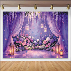 Lofaris Enchanted Purple Floral Garden Photography Backdrop with Wisteria, Butterflies and Sheer Curtains, Romantic Party Decor for Photoshoot