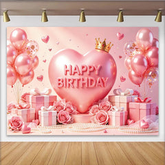 Lofaris Pink Heart Crown Birthday Backdrop with Balloons and Roses, Elegant Party Background for Princess Theme Photoshoot Decor