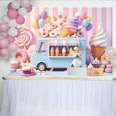 Lofaris Pastel Ice Cream Truck Birthday Backdrop with Donuts and Balloons, Sweet Candy Land Dessert Shop Background for Kids Party Photoshoot