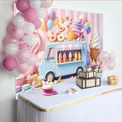 Lofaris Pastel Ice Cream Truck Birthday Backdrop with Donuts and Balloons, Sweet Candy Land Dessert Shop Background for Kids Party Photoshoot