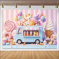 Lofaris Pastel Ice Cream Truck Birthday Backdrop with Donuts and Balloons, Sweet Candy Land Dessert Shop Background for Kids Party Photoshoot