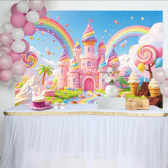 Lofaris Pink Candy Land Castle Birthday Backdrop with Rainbow and Sweet Treats, Whimsical Photo Background for Kids Party Decor
