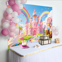 Lofaris Pink Candy Land Castle Birthday Backdrop with Rainbow and Sweet Treats, Whimsical Photo Background for Kids Party Decor