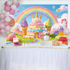 Lofaris Colorful Candy Land Rainbow Birthday Backdrop with Sweet Cake and Ice Cream, Whimsical Party Background for Kids Photoshoot
