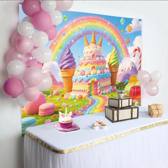 Lofaris Colorful Candy Land Rainbow Birthday Backdrop with Sweet Cake and Ice Cream, Whimsical Party Background for Kids Photoshoot