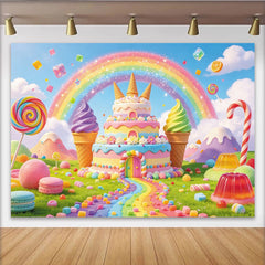 Lofaris Colorful Candy Land Rainbow Birthday Backdrop with Sweet Cake and Ice Cream, Whimsical Party Background for Kids Photoshoot