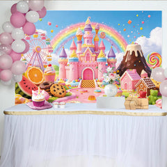 Lofaris Whimsical Pink Castle Candy Land Birthday Backdrop for Girls, Sweet Ferris Wheel Party Decor and Photo Background